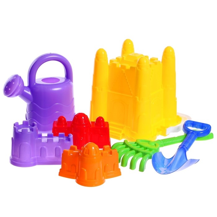 Набор для игры в песке №29: ведро-крепость, совок, грабли, 3 формочки, лейка