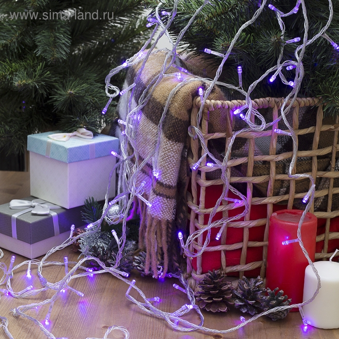 Гирлянда &laquo;Нить&raquo; 10 м, IP20, прозрачная нить, 100 LED, свечение фиолетовое, 8 режимов, 220 В