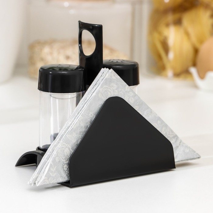 Набор для специй пластиковый «Рондо. Презент», 3 шт, на подставке с салфетницей, цвет чёрный Набор для специй пластиковый «Рондо. Презент», 3 шт, на подставке с салфетницей, цвет чёрный