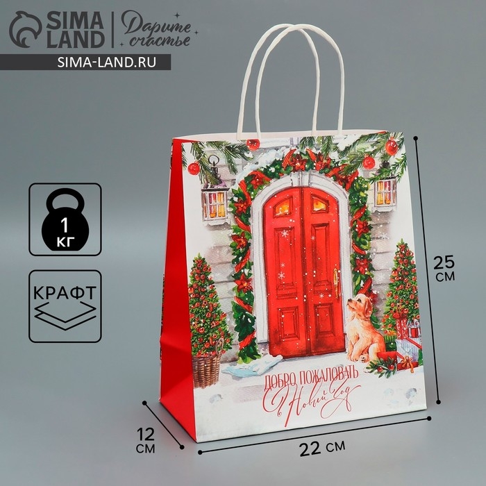 Пакет подарочный новогодний крафтовый &laquo;Добро пожаловать&raquo;, 22 х 25 х 12 см, Новый год