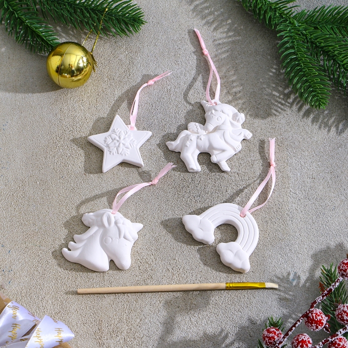 Новый год! Набор ёлочных украшений под раскраску 4 шт. «Единороги» с подвесом, кисть Новый год! Набор ёлочных украшений под раскраску 4 шт. «Единороги» с подвесом, кисть