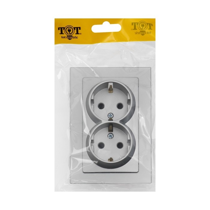 Розетка двухместная TOT Matte Glass, 16 А, скрытая, с з/к, стекло, серебристая Розетка двухместная TOT Matte Glass, 16 А, скрытая, с з/к, стекло, серебристая