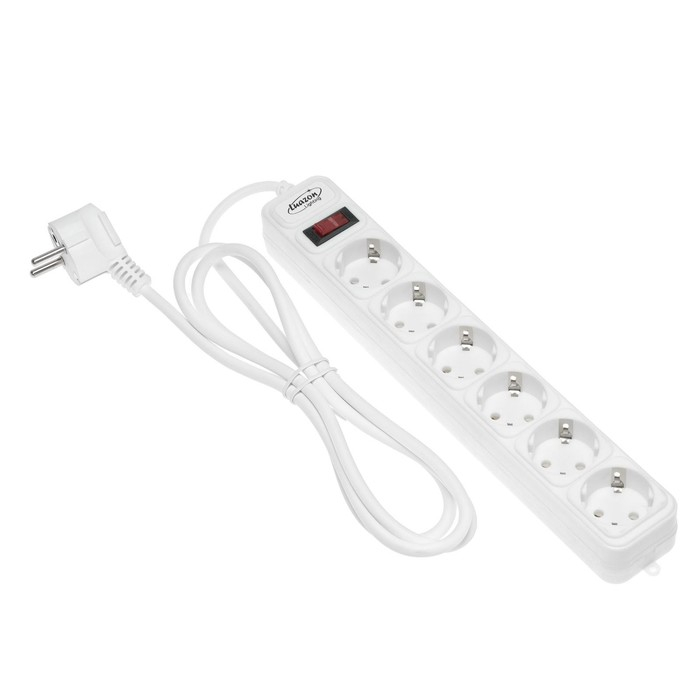 Сетевой фильтр Luazon Lighting, 6 розеток, 1.8 м, 2200 Вт, 3 х 0.75 мм2, 10 А, 220 В, белый