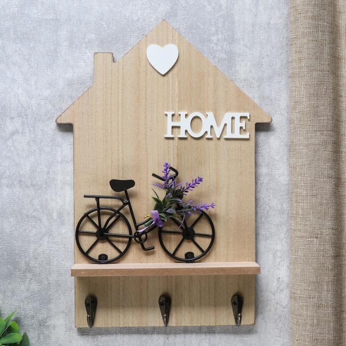 Крючки декоративные дерево "Велосипед с лавандой у дома" 34х24х4,2 см МИКС