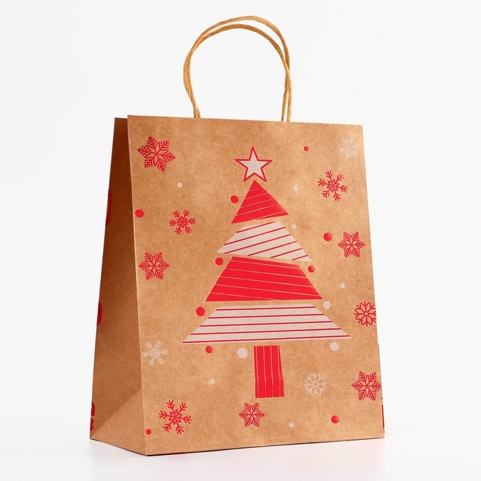 Пакет крафт с тиснением, Пакет крафт с тиснением, "Ёлка" круглая ручка, 33 х 25 х 12 см, 120 г