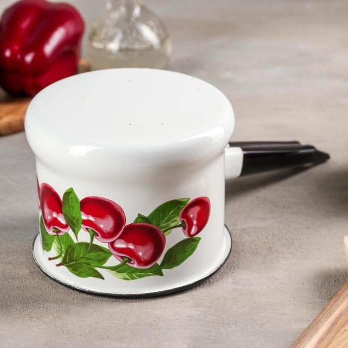 Ковш эмалированный &laquo;Вишневый сад&raquo;, 1 л, металлическая ручка, цвет белый