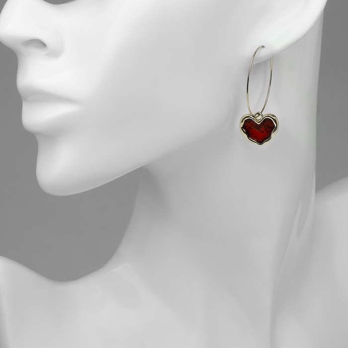 Серьги-кольца &laquo;Сердечки&raquo; глазурь, цвет красный в золоте