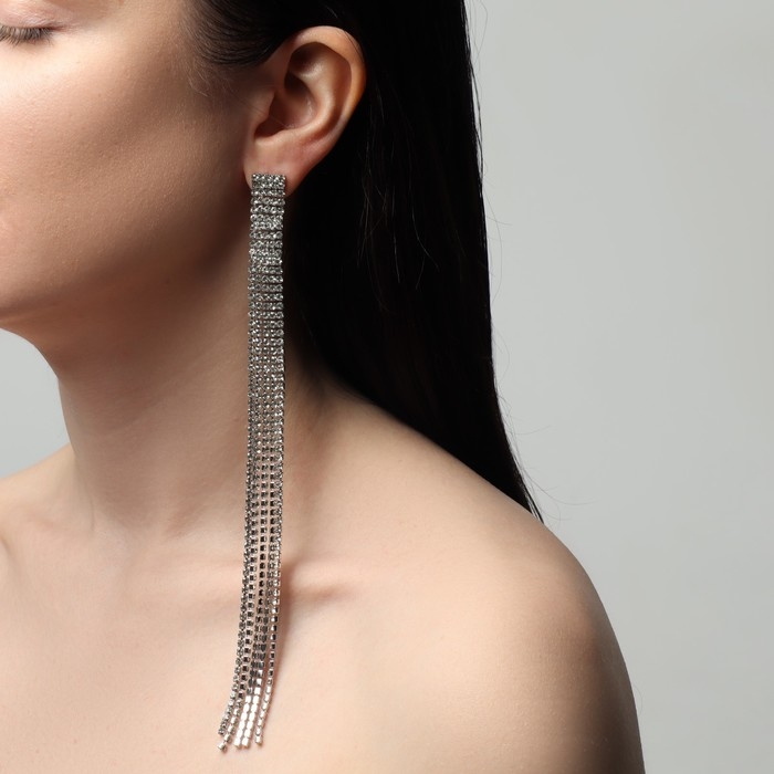 Серьги висячие со стразами &laquo;Водопад&raquo; мини квадрат, 5 нитей, цвет белый в серебре, 19,5 см