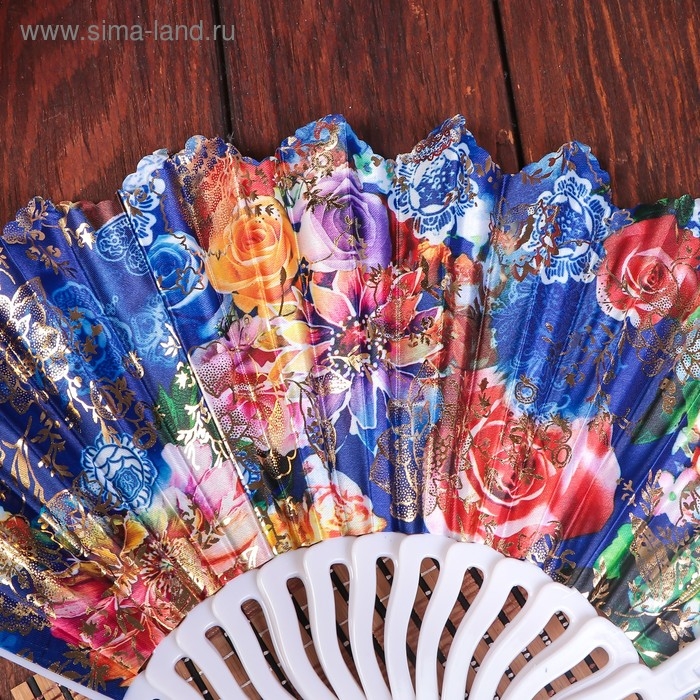 Веер пластик h=23 см "Цветы" изгиб с золотом МИКС