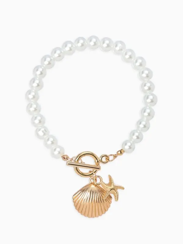 Набор 2 пред-та: бусы.браслет "Жемчуг", ракушка вонголе, цвет белый в золоте L=18/42см №8