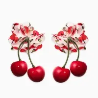 Серьги "Вишня с цветами" текстиль, цветные в золоте