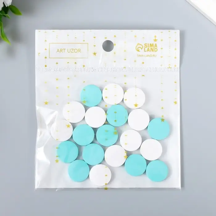 Бусины для творчества дерево "Плоский круг" набор 20 шт белый, бирюзовый 0,4х1,5х1,5 см