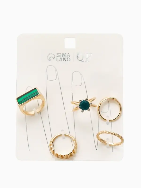 Набор колец 5 шт "Новый стиль" натурель, размер МИКС, цвет изумрудный в золоте