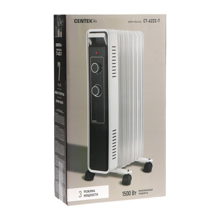Обогреватель Centek CT-6222-7, масляный, напольный, 1500 Вт, 15 м&sup2;, 7 секций, бело-чёрный