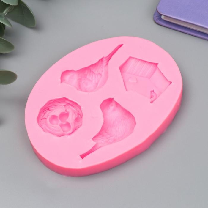 Молд силикон "Птицы с гнездом и скворечником" 4 предмета 1,4х7,1х9,4 см