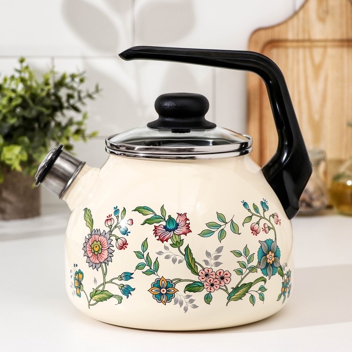 Чайник со свистком &laquo;Луговые цветы&raquo;, 3 л, фиксированная ручка, цвет бежевый, индукция