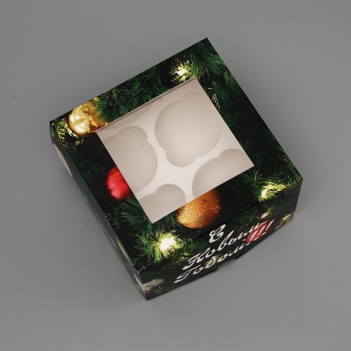Коробка для 4 капкейка с окном "Счастливого рождества", 16 х 16 х 10 см, упаковка, Новый год