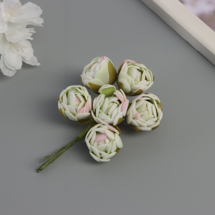 Декор для творчества "Пионы" бело-зелёные (1 набор=1 букет) в букете 6 шт 2,5х10,5 см