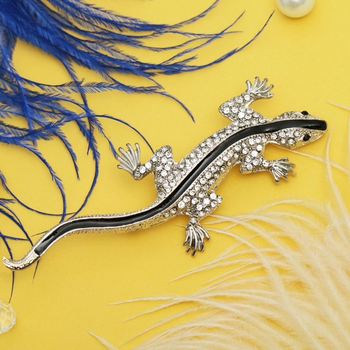 Брошь «Ящерка бриллиантовая», цвет чёрно-белый в серебре Брошь «Ящерка бриллиантовая», цвет чёрно-белый в серебре
