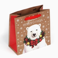 Пакет подарочный новогодний крафтовый квадратный &laquo;Новогодний мишка&raquo;, 22 х 22 х 11 см, Новый год