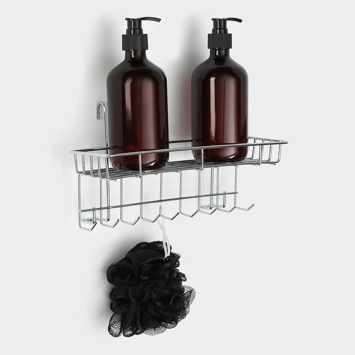 Полка на рейлинг с крючками Доляна, 29×10×17 см, цвет хромированный Полка на рейлинг с крючками Доляна, 29×10×17 см, цвет хромированный