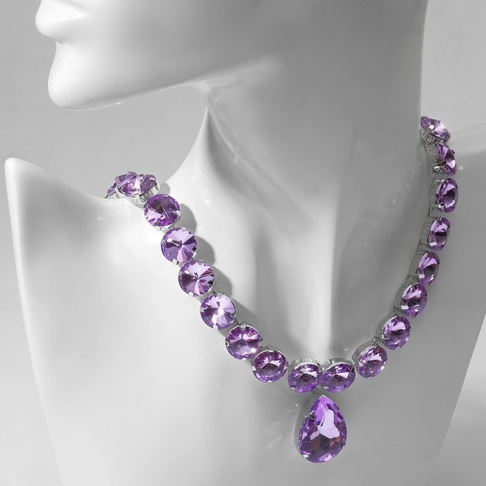 Колье &laquo;Драгоценность&raquo; капля, цвет сиреневый в серебре, 32 см