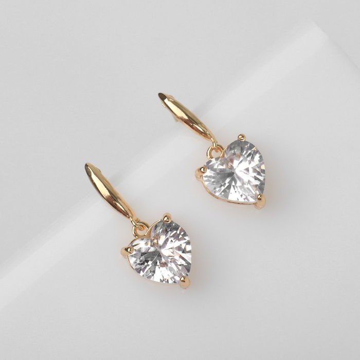 Серьги со стразами «Магия» сердечки, цвет белый в золоте Серьги со стразами «Магия» сердечки, цвет белый в золоте