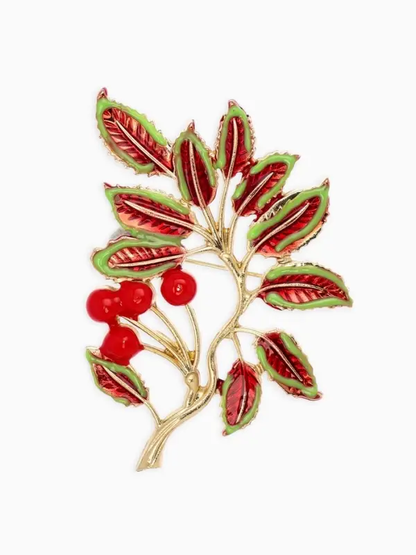 Брошь "Веточка Калины", цвет красно-коричневый в золоте
