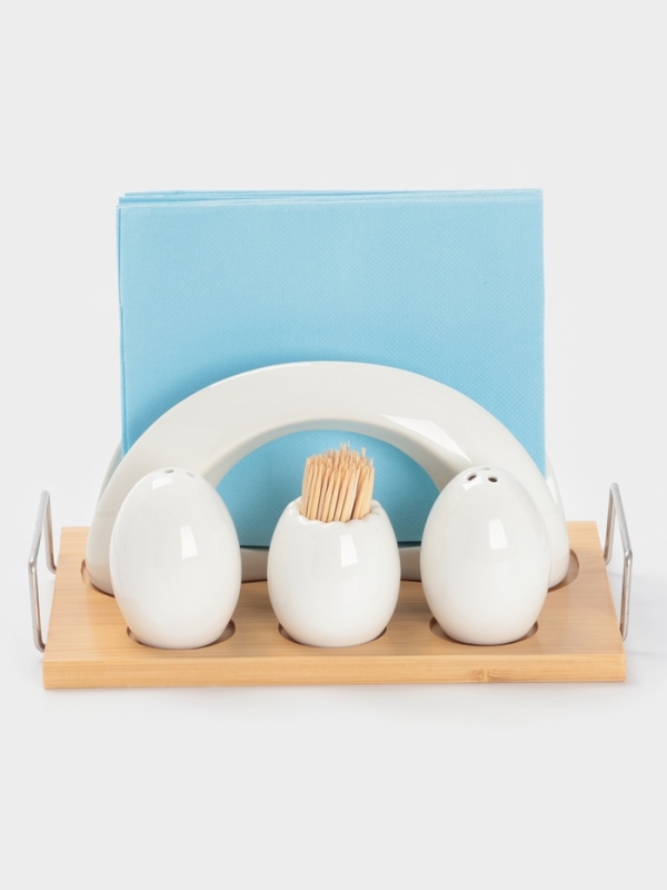 Набор для специй на бамбуковой подст 4 шт, солонка, перечница, салфетница, зубочист