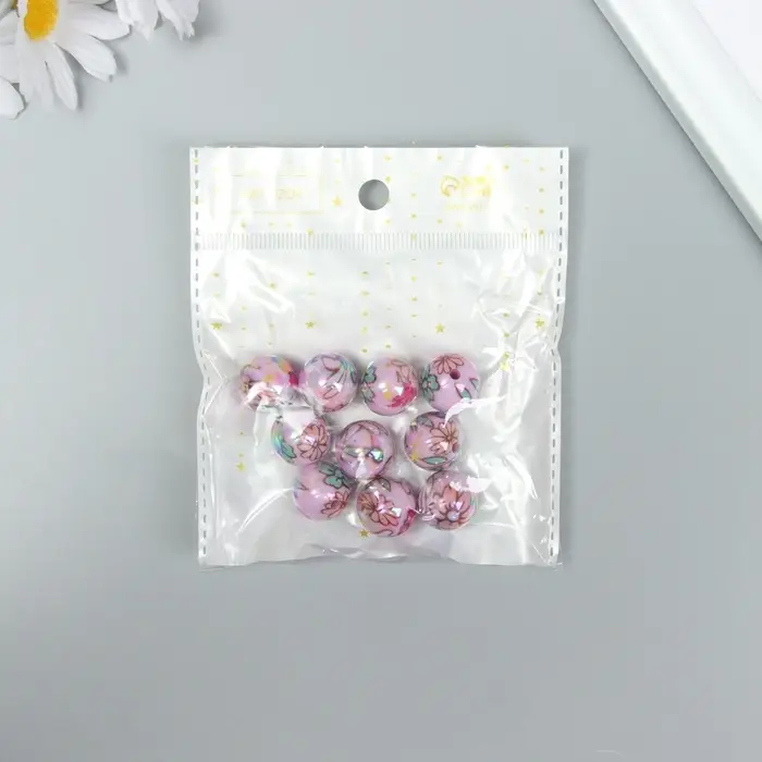 Бусины для творчества акрил "Цветочки на розовом" МИКС 1,6х1,6х1,6 см