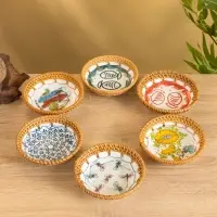 Тарелка керамическая с ротангом 13,5х13,5х3 см, МИКС