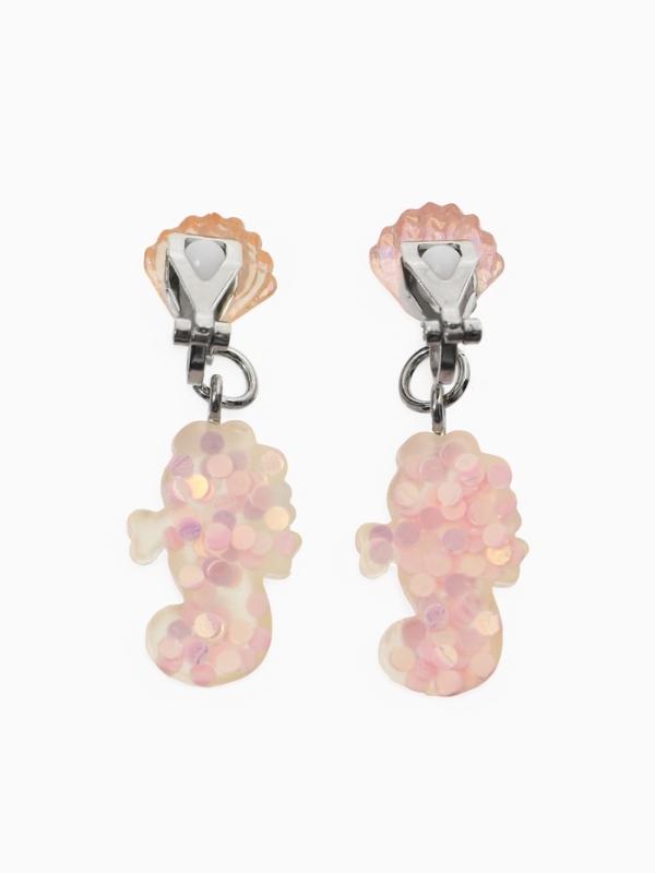 Серьги-клипсы детские "Выбражулька" морской конек с ракушкой перламутр, цвет розово-белый