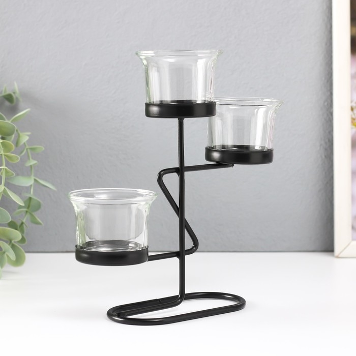 Подсвечник металл, стекло на 3 свечи "Кривая линия" d=2-5 см чёрный 16х6х18,5 см