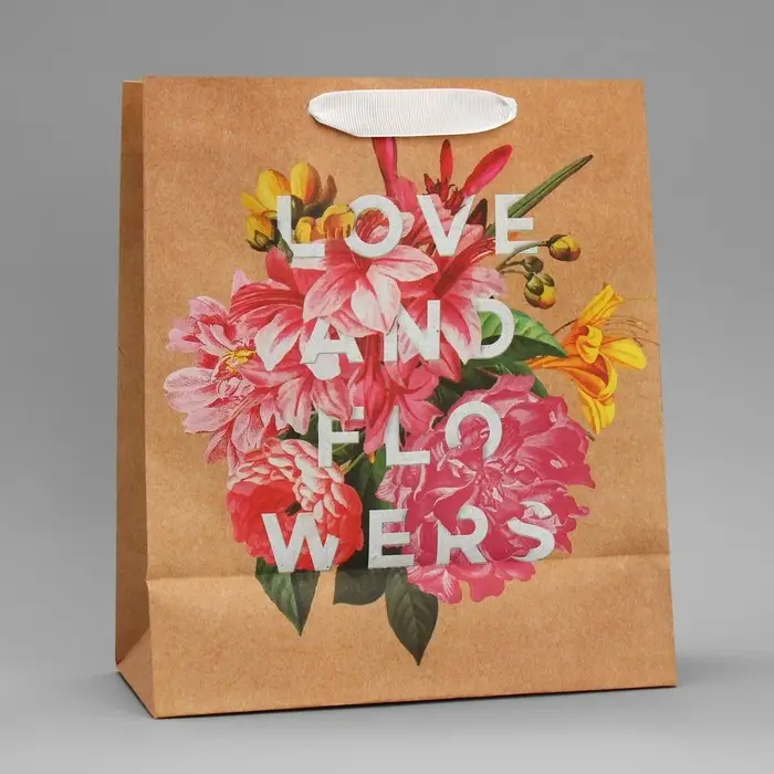 Пакет подарочный крафтовый, упаковка, &laquo;Love and flowers&raquo;, 23 х 27 х 11.5 см
