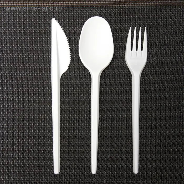 Набор пластиковых одноразовых столовых приборов 5 в 1: вилка, ложка, нож, салфетка, зубочистка, цвет белый