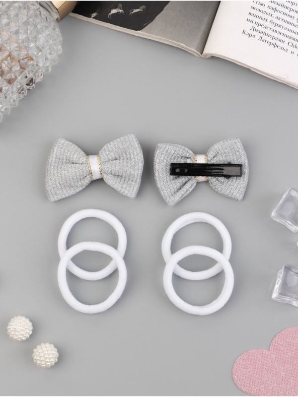 Набор для волос "Школьница галант" (4 резинки 3,5 см, 2 зажима 5,5 см) сияние, серо-белый