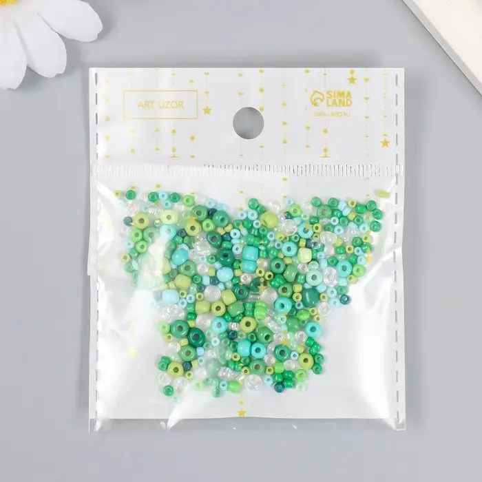 Бисер стекло 6/0 - 15/0 &laquo;Ассорти зелёное&raquo; d=1.5-4 мм, н-р 10 г