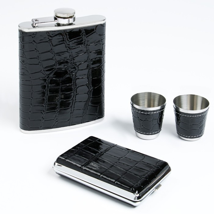Подарочный набор Подарочный набор "Черный питон" 4 в 1: фляжка 240 мл, 2 рюмки, портсигар, чёрный