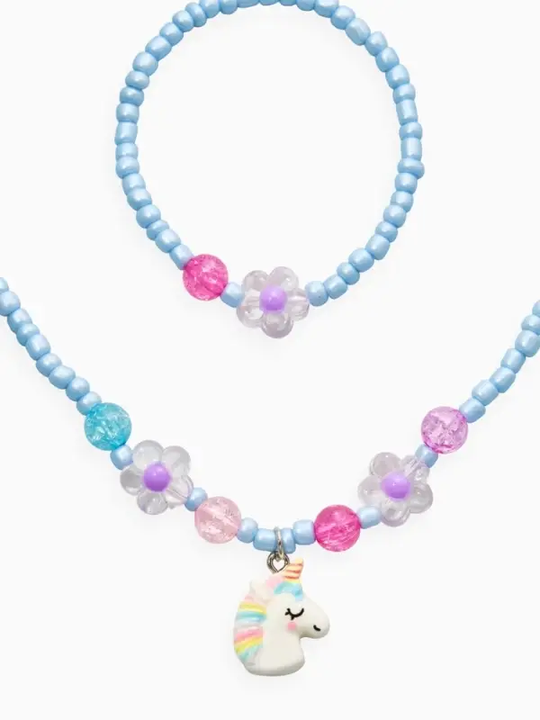 Набор детский &laquo;Выбражулька&raquo; 2 предмета: бусы, браслет, единорог, цветы, цвет голубой