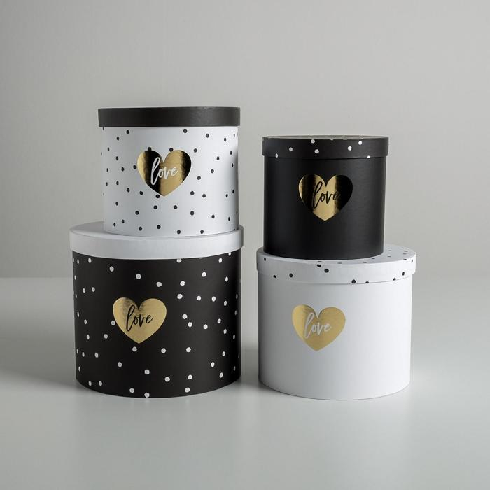 Набор шляпных коробок для цветов 4 в 1, упаковка подарочная, &laquo;Чёрно-белый&raquo;, 14 х 13 см - 20 х 17,5 см