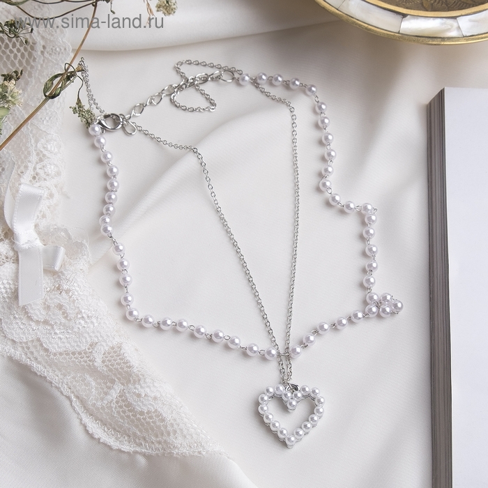 Кулон с жемчугом &laquo;Цепь&raquo; олимпия, сердце, цвет белый в серебре, 40 см