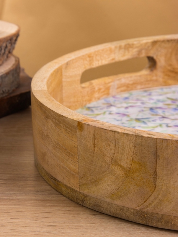 Поднос круглый с бортиками "Оттенки сирени" дерево манго 35х35х6,5 см