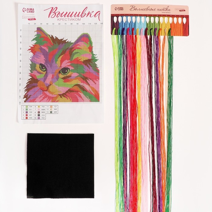 Вышивка крестиком на чёрной канве &laquo;Разноцветный кот&raquo;, набор для творчества, 25 х 25 см