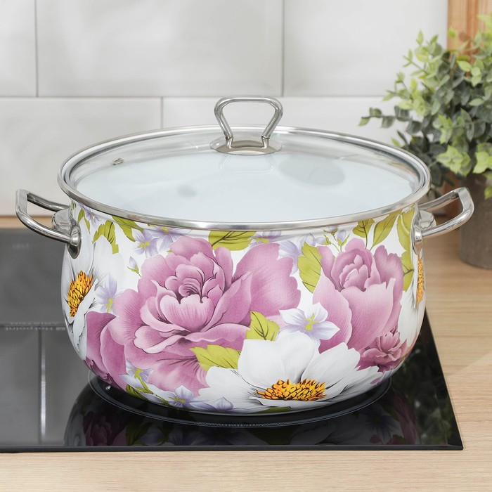 Кастрюля эмалированная &laquo;Пион&raquo;, 5.7 л, стеклянная крышка, индукция