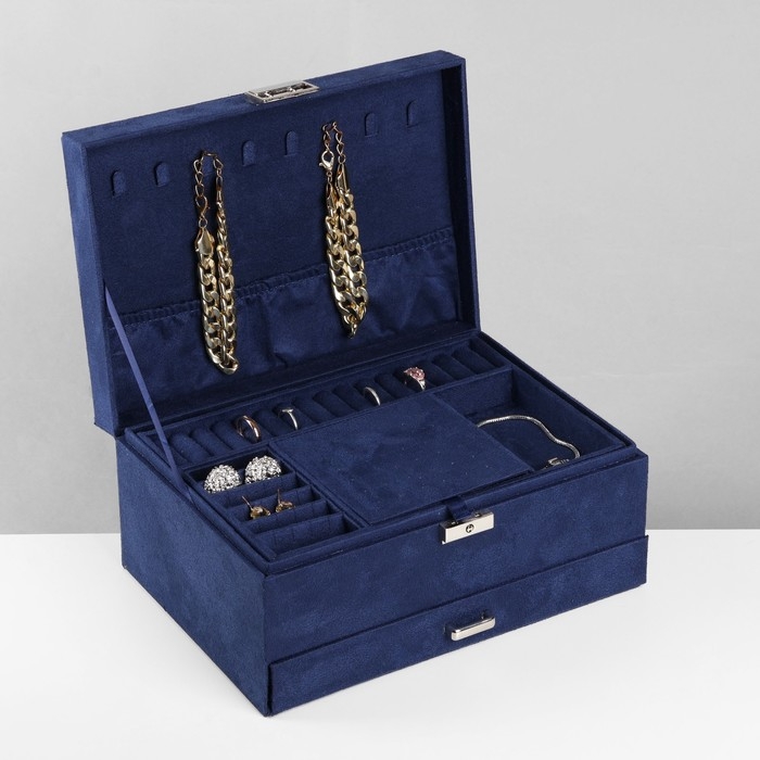 Подставка для украшений &laquo;Шкатулка&raquo; 2-х уровневая, флок, 24,5&times;17&times;12 см, цвет синий