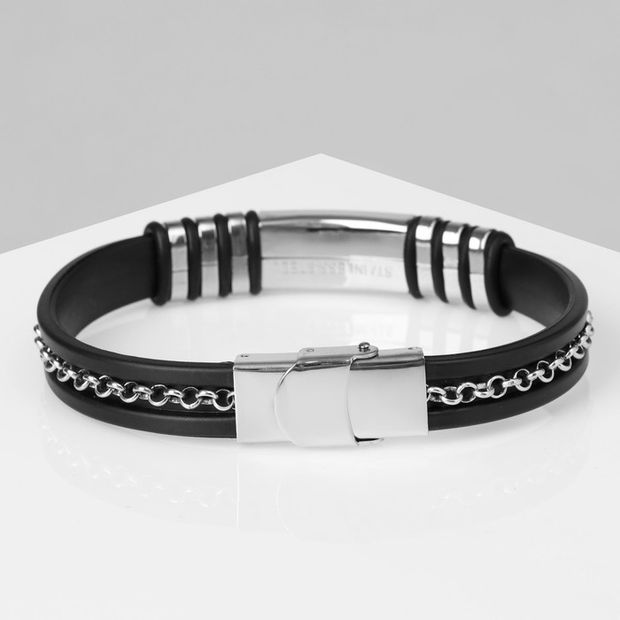 Браслет унисекс &laquo;Стиль&raquo; прямоугольник с цепочкой, цвет чёрный с серебром, 23 см