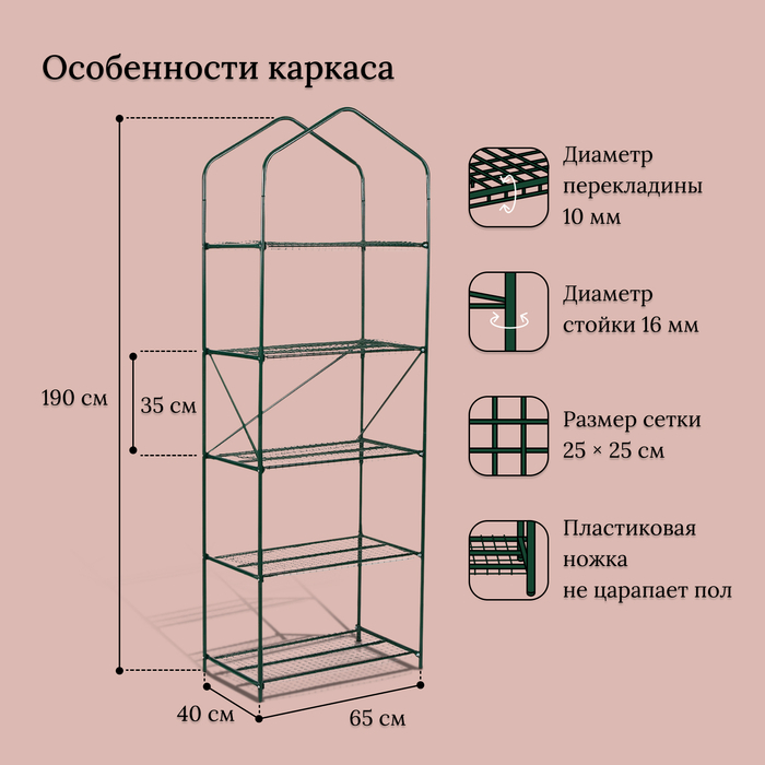 Парник-стеллаж, 5 полок, 190 × 65 × 40 см, металлический каркас d = 16 мм, чехол плёнка 100 мкм Парник-стеллаж, 5 полок, 190 × 65 × 40 см, металлический каркас d = 16 мм, чехол плёнка 100 мкм