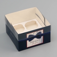 Коробка для 4 капкейка с прозрачной крышкой, "Мужской дляарок", 16 &times; 16 &times; 10 см, кондитерская упаковка