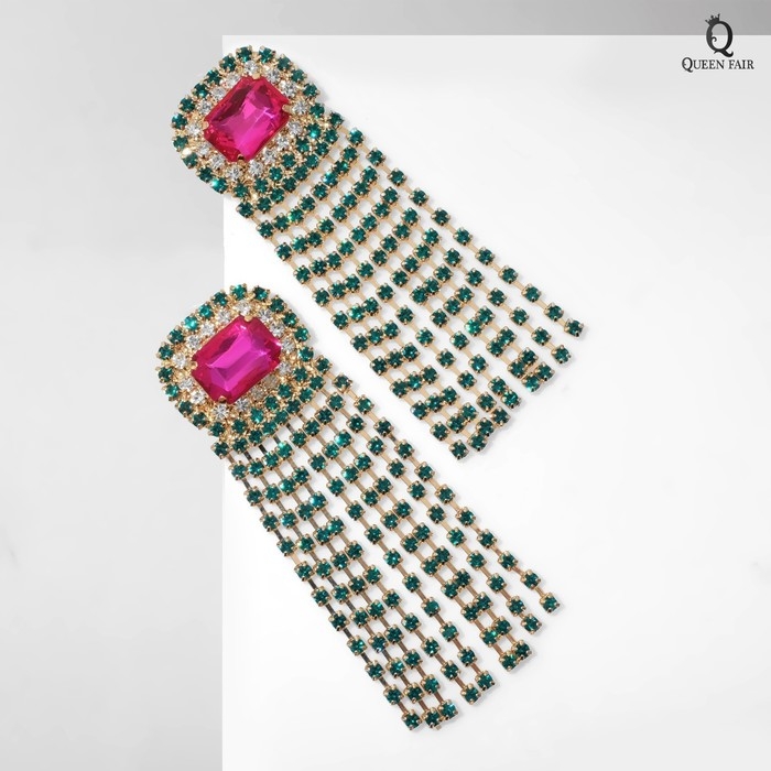 Серьги висячие со стразами «Бурлеск» водопад, цветные в золоте,10 см Серьги висячие со стразами «Бурлеск» водопад, цветные в золоте,10 см