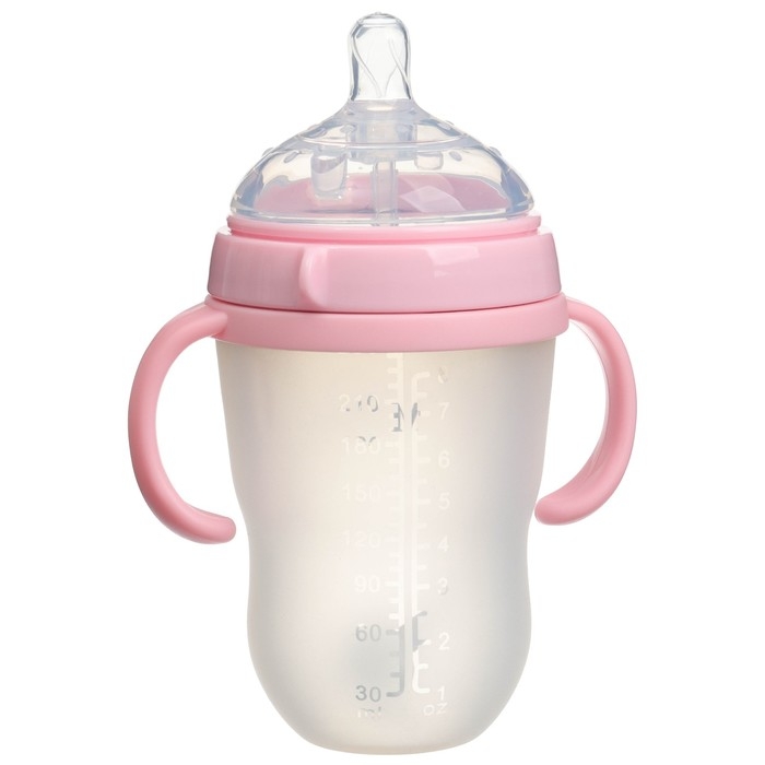 Бутылочка для кормления M&B, ШГ &Oslash;70мм, от 6 мес, 250мл., с ручками, силиконовая колба, цвет розовый